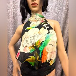 Floral Halter Neck Blouse - Black and Multicolor